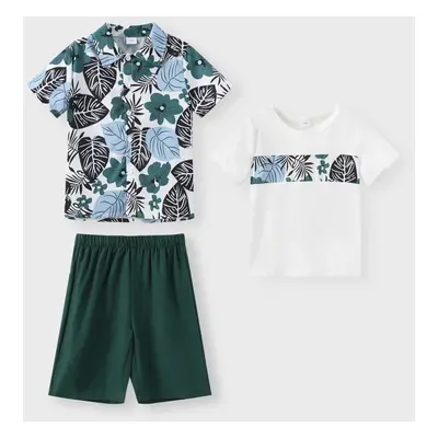 3pcs Kid Boy Tropical Plant Print Short-sleeve Shirt & Top & Solid Shorts Set