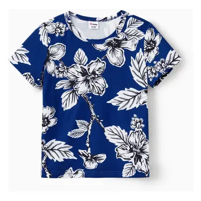 Family Matching Sets Floral Panel Color Block Tee or Blue Tropical Floral Satin Swing Collar Sli