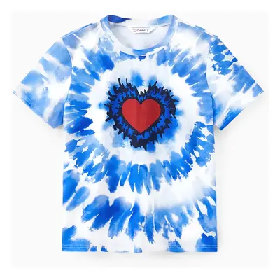 Family Matching Blue Tie-Dye Red Heart Pattern Short Sleeves Cotton Top