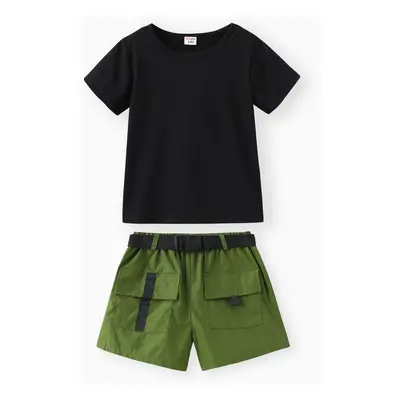 2pcs Kid Girl Short-sleeve Tee and Pocket Design Belted Shorts Set