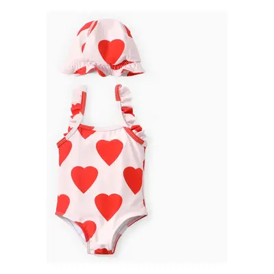 Sweet Heart-shaped Ruffle Edge Girls' 2pcs Polyester Spandex Tight Swimwear