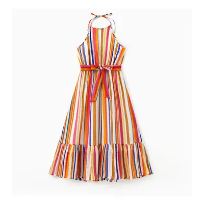 Family Matching Sets Colorful Vertical Stripe Tee or Ruffle Hemline Belted Halter Dress