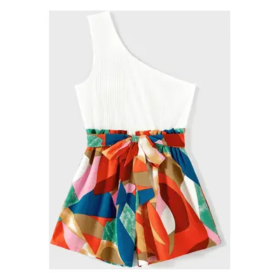 Mommy and Me Cotton Solid & Print Spliced One Shoulder Sleeveless Belted Romper Shorts