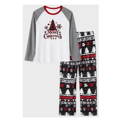 Christmas Tree Snowflake and Letters Print Grey Family Matching Long-sleeve Pajamas Sets