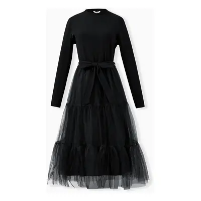 Family Matching Sets Black Plaid Shirt or Elegant Ribbed Top Flowy Tulle Mesh Dress