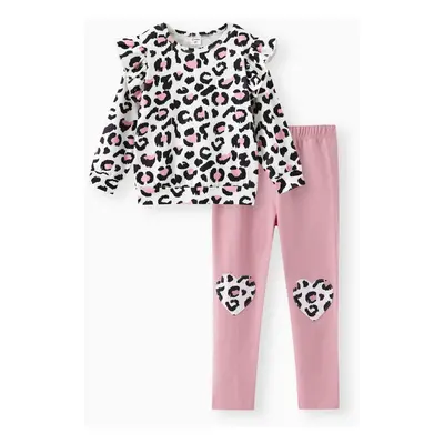 2-piece Toddler Girl Leopard Print Flutter Long-sleeve Top and Heart Pattern Pants Set