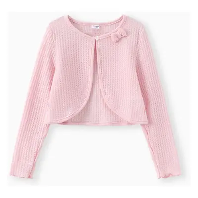 Kids Girl Soft Bow Design Waffle Cardigan