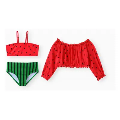 Watermelon Off-shoulder Toddler Girl 3pcs Swimsuit Set