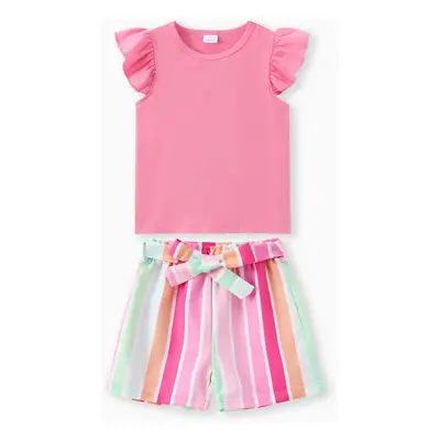 2pcs Toddler Girl Sweet Flutter-sleeve Tee and Stripe Belted Shorts Set