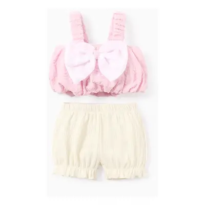 Toddler Girl 2pcs Bowknot Design Textural Fabric Camisole and Shorts Set