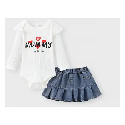 Baby Girl 2pcs Letter Romper and Denim Skirt Set