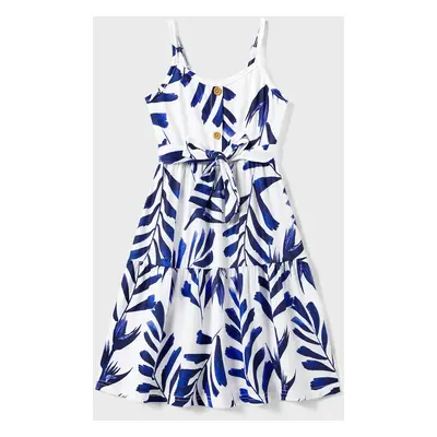 Family Matching Modern Blue and White Botanical Leaf Design Button Strap Dress and Color Block T