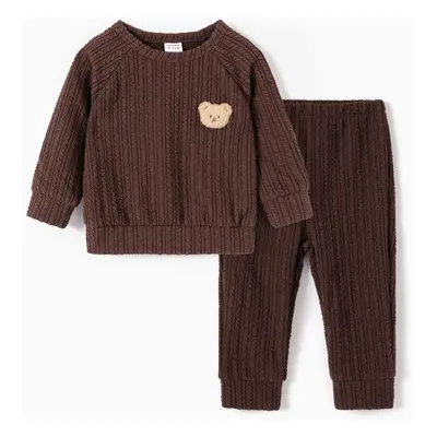 2pcs Baby Girl/Boy Bear Embroidered Textured Top and Pants Set