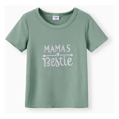 Toddler Girl Letter Embroidered Ribbed Lettuce Trim Short-sleeve Tee