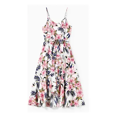 Family Matching Floral Wrap Bottom Strap Dress and Colorblock T-shirt Sets