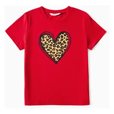 Mommy and Me Cotton Short-sleeve Leopard Heart Print Red T-shirts