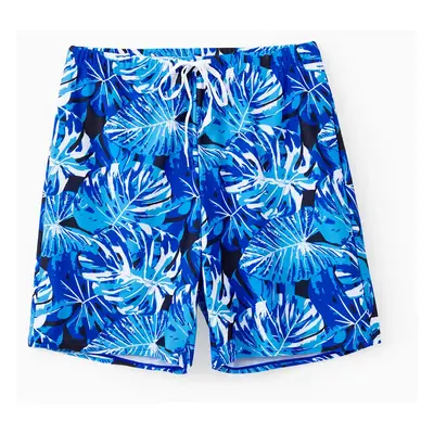 Family Matching Floral Drawstring Swim Trunks or Blue V Neck One-Piece Swimsuit (Quick-Dry)