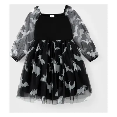 Halloween Night Family Matching Bat Print Tee or Bat Allover Pattern Half-Sleeve Tulle Dress