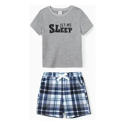 Family Matching Pajamas Sets Let Me Sleep Slogan Print Top Blue Plaid Drawstring Shorts