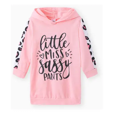 Toddler Girl Letter Leopard Print Black Long-sleeve Hooded Sweatshirt Dress