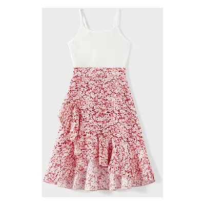 Mommy and Me Cotton Ribbed Spliced Floral Print Ruffle Trim Tulip Hem Cami Dresses