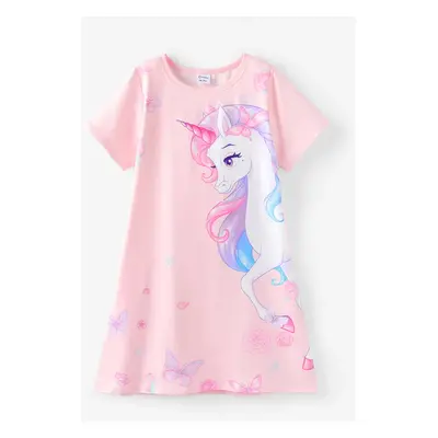 Kid Girl Unicorn Print Short-sleeve Light Pink Dress