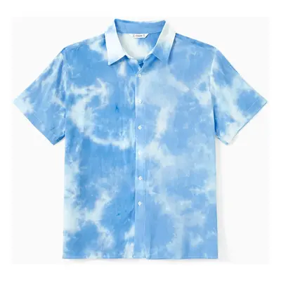 Family Matching Sets Blue Tie-Dye Print Shirt or Strapless Shirred Top Flowy Tiered Ruffle Hem D