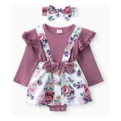 2pcs Baby Floral Print Ribbed Ruffle Long-sleeve Faux-two Romper Dress Set