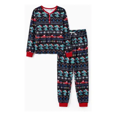 Christmas Family Matching Allover Dinosaur Pattern Pajama Sets with Pockets and Drawstring ( Fla