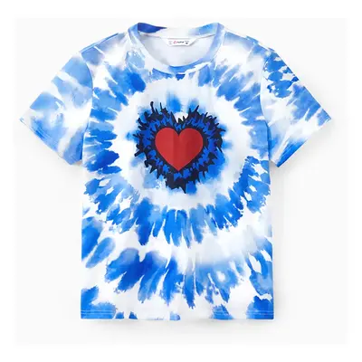 Family Matching Blue Tie-Dye Red Heart Pattern Short Sleeves Cotton Top