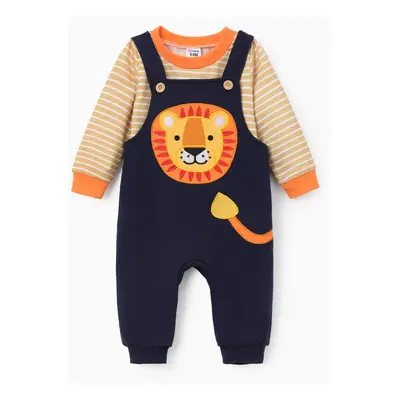 SuperCuteCute Baby Boy 2pcs Stripe Sweatshirt and Lion Embroidered Overalls Set