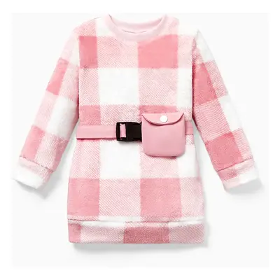 2PCS Toddler Girl Sweet Waist Bag Grid/Houndstooth Pattern Long Sleeve Dress Set