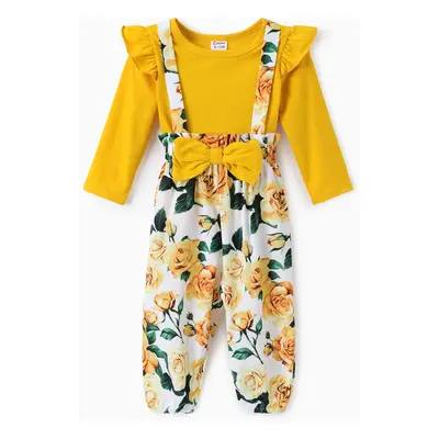 Baby Girl 2pcs Sweet Flutter-sleeve Tee and Floral Print Overalls Set