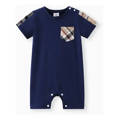 Baby Boy 95% Cotton Plaid Spliced Short-sleeve Romper