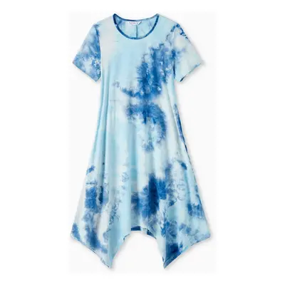 Family Matching Sets Blue Tie-dyed Round Neck Short Sleeves Tee or Irregular Hem Dress