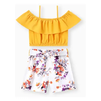 2pcs Kid Girl Flounce Camisole and Floral Print Belted Shorts Set