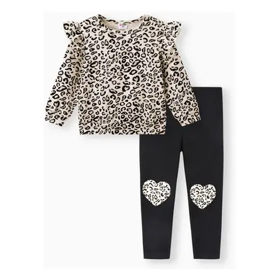 2-piece Toddler Girl Leopard Print Flutter Long-sleeve Top and Heart Pattern Pants Set