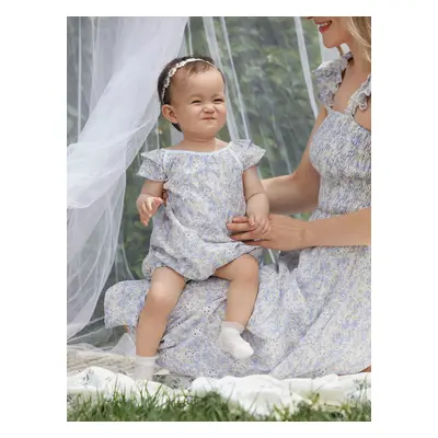 Mommy and Me Ditsy Flower Floral Square Neck Shirred Bodice Strap Tiered Dress