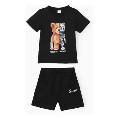 2pcs Toddler Boy Playful Bear Print Short-sleeve Tee and Shorts Set