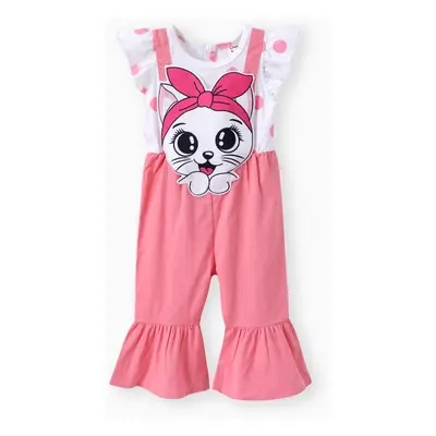 Baby Girl Cat Embroidery Polka Dots Print Colorblock Jumpsuit