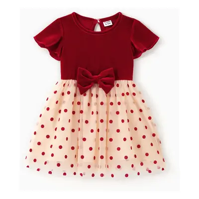 Family Matching Sets Color Block Sweatshirt or Red Velvet Polka Dots Mesh Tulle Dress with Hidde