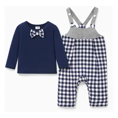 Baby Boy 2pcs Bowknot Tee and Grid Print Overalls Set