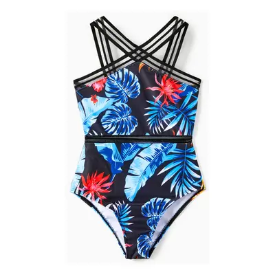 Family Matching Floral Drawstring Swim Trunks or Mesh Cross Strap One-Piece Swimsuit