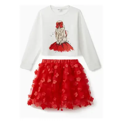 2pcs Kid Girl Figure Print Tee and 3D Floral Design Red Mesh Skirt Set