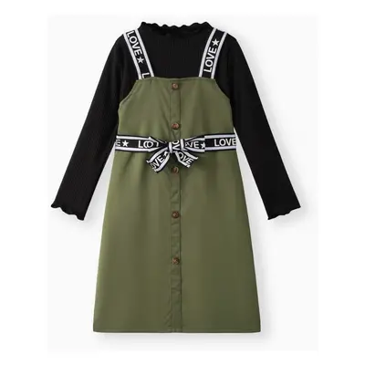 2pcs Kid Girl Mock Neck Lettuce Trim Long-sleeve Black Tee ann Letter Print Green Overall Dress 