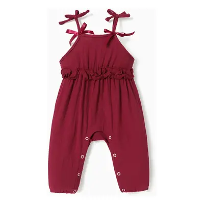 Baby Girl 100% Cotton Crepe Bow Decor Solid Cami Jumpsuit