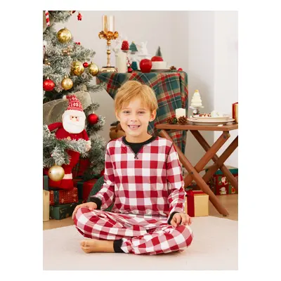 Christmas Family Matching Red and White Checkered Plaid Pajamas Sets with Drawstring and Pockets