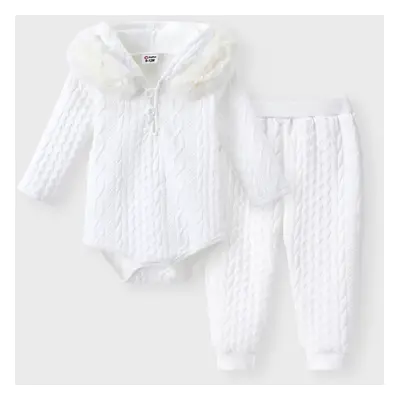 2pcs Baby Boy/Girl White Imitation Knitting Textured Spliced Faux Fur Hooded Long-sleeve Romper 