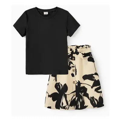 Family Matching Sets Allover Floral Shirt or Black Tee Plus Elastic Waist Floral Skirt Co-ord Se