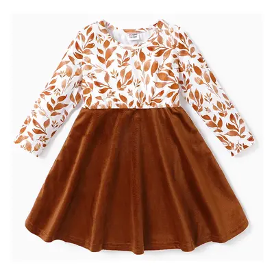 Toddler Girl Floral Leaf Print Velvet Splice Long-sleeve Dress